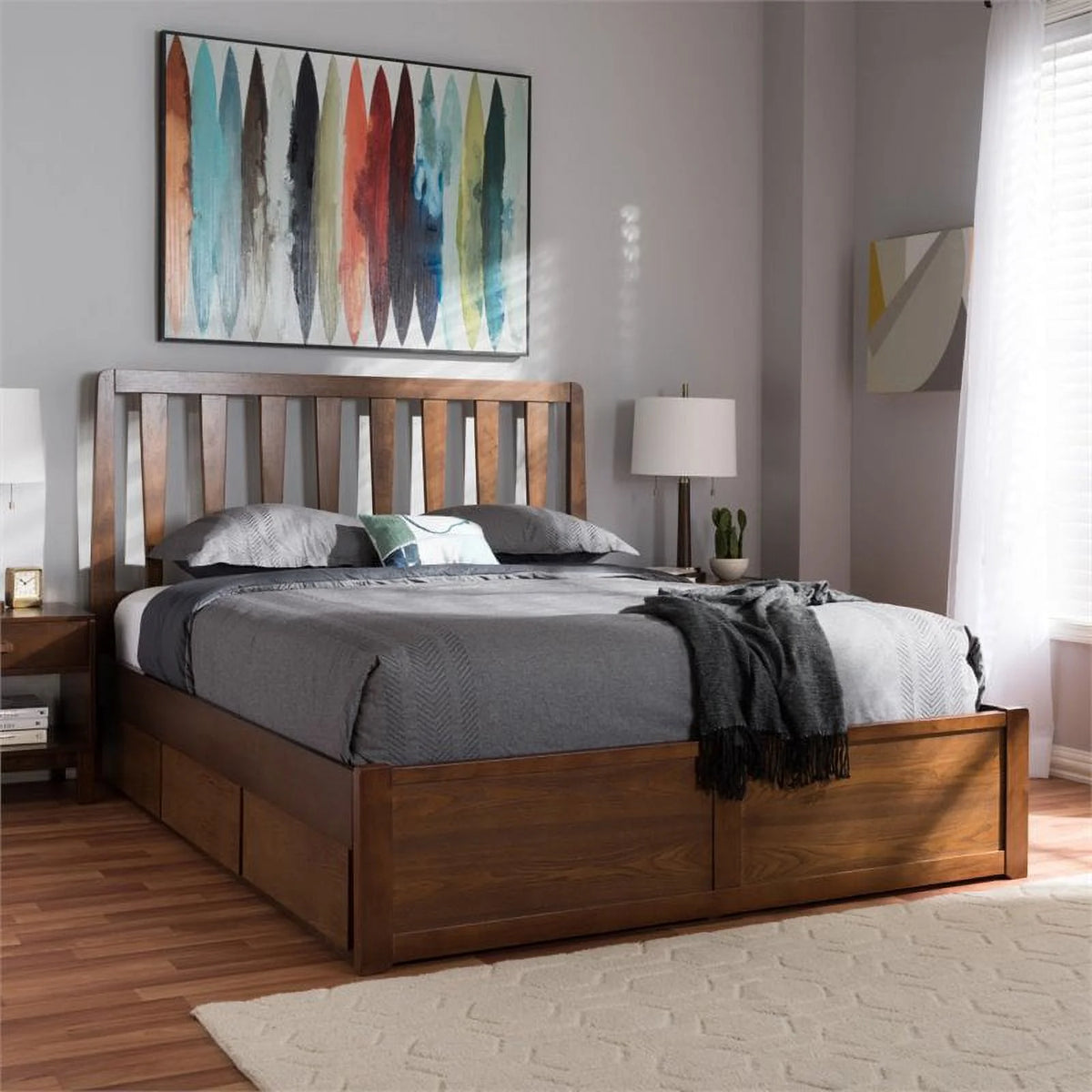 King Walnut Brown Wood Storage Platform Bed M4052