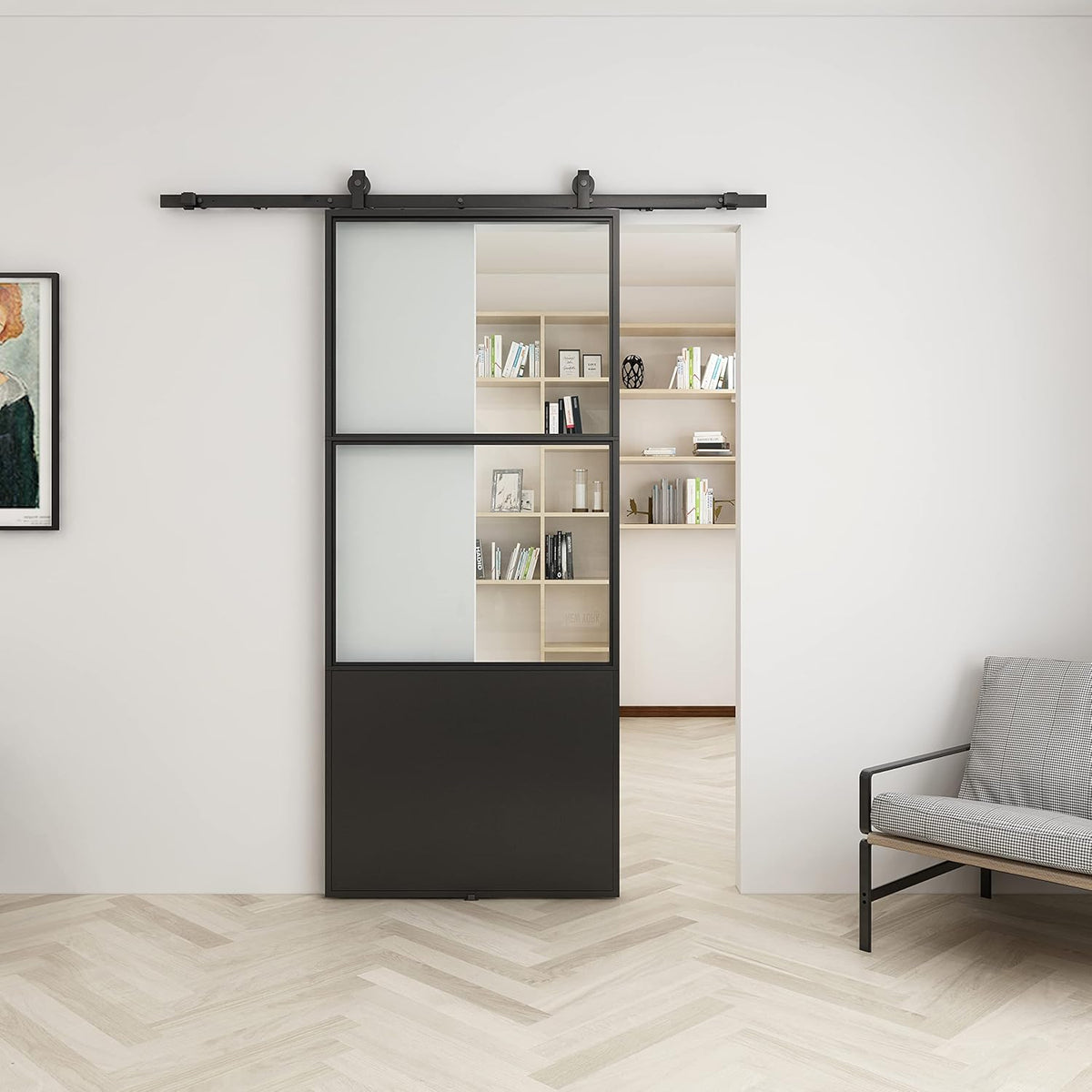 Black Carbon Steel Metal Glass Barn Door with Soft Close Mechanism W353177