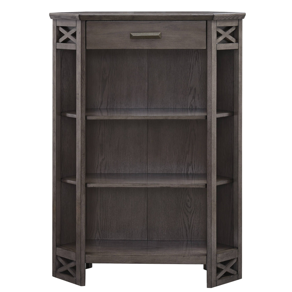 Weathered White 3-Shelf Corner Bookcase with Drawer Storage F85873