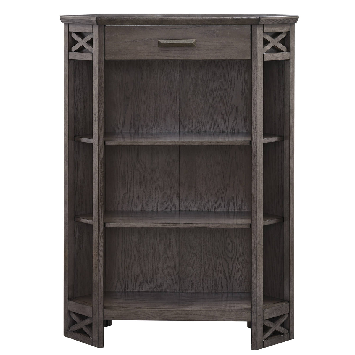 Weathered White 3-Shelf Corner Bookcase with Drawer Storage F85873
