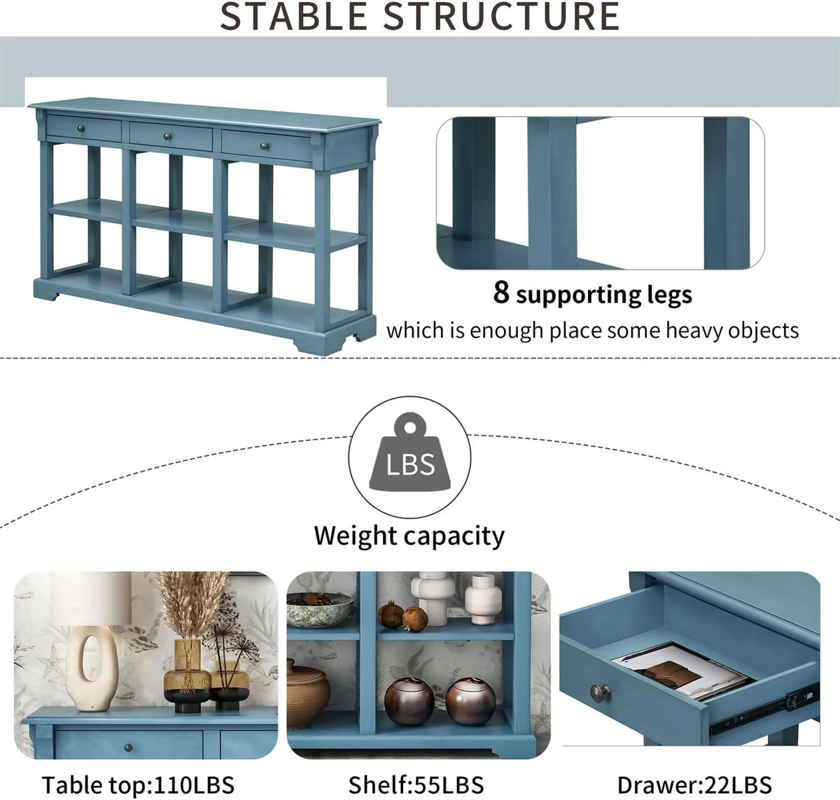Teal Blue 3 Drawer Wooden Console Table X909517