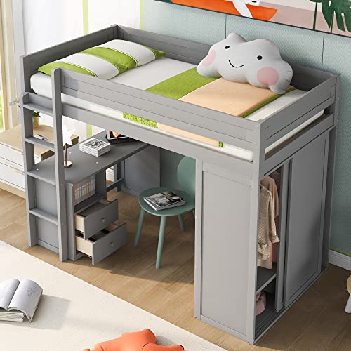 Full Size Gray Solid Wood Loft Bed with Wardrobe Desk and Shelves Q941714