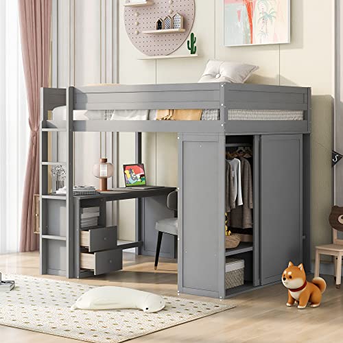 Full Size Gray Solid Wood Loft Bed with Wardrobe Desk and Shelves Q941714