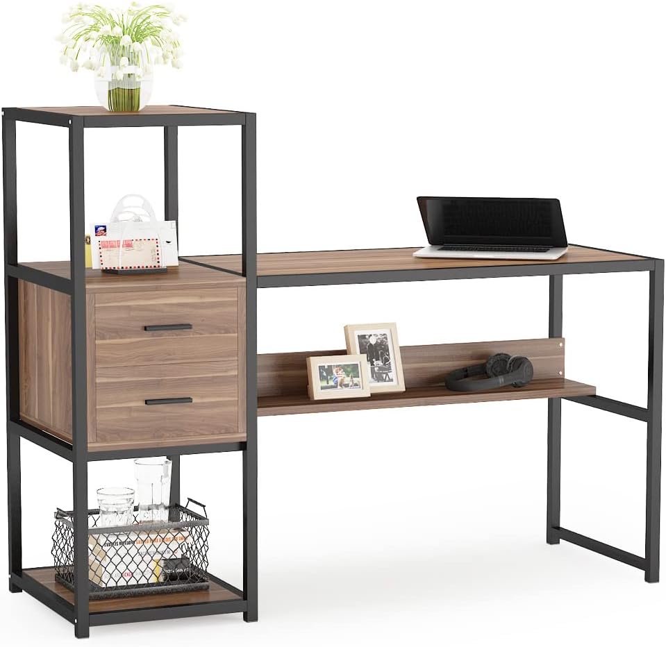 Rustic Walnut 55 Inches Computer Desk with 4 Storage Shelves and 2 Drawers A691