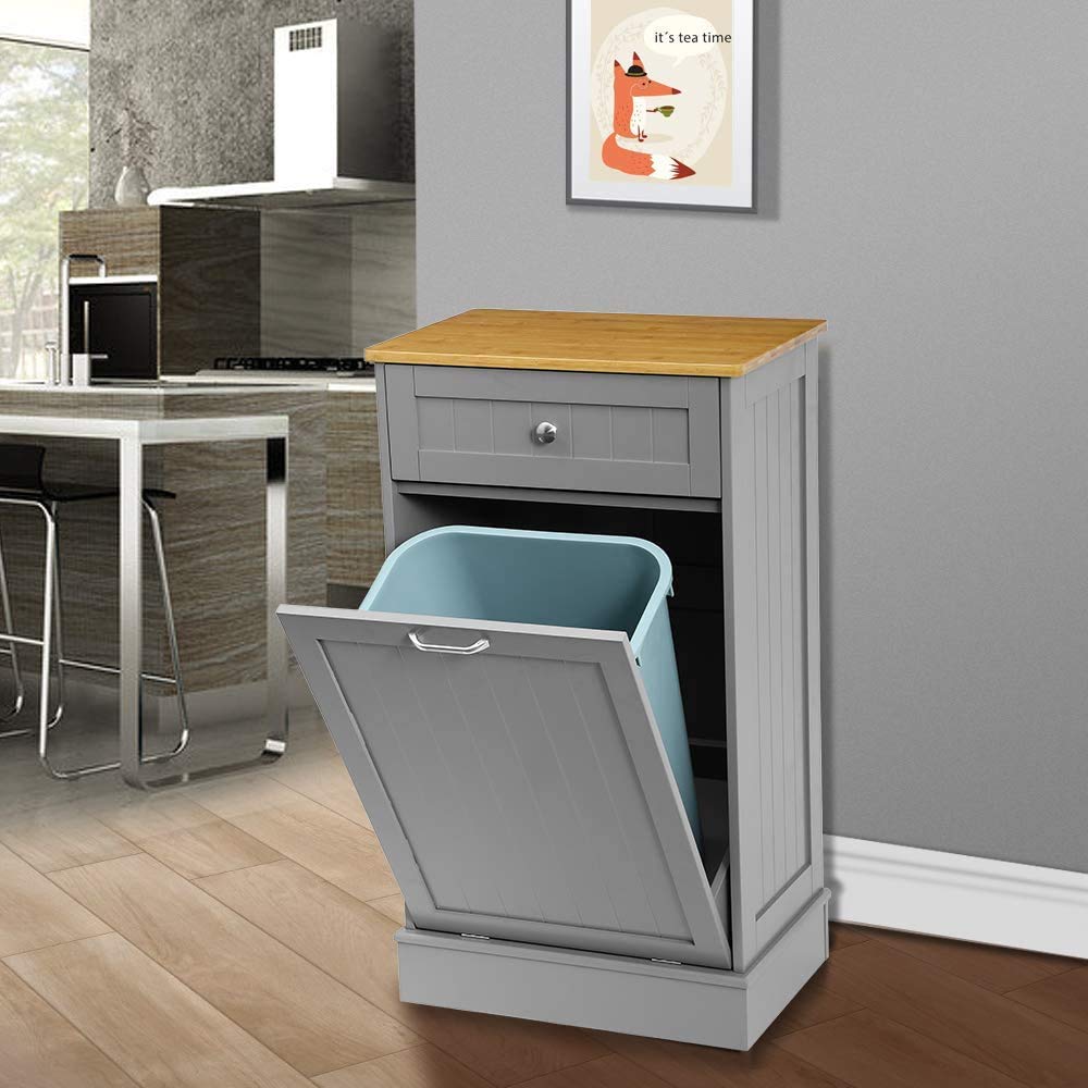 Black Wooden Tilt Out Trash Cabinet with Hideaway Drawer and Removable Bamboo Cutting Board R83040