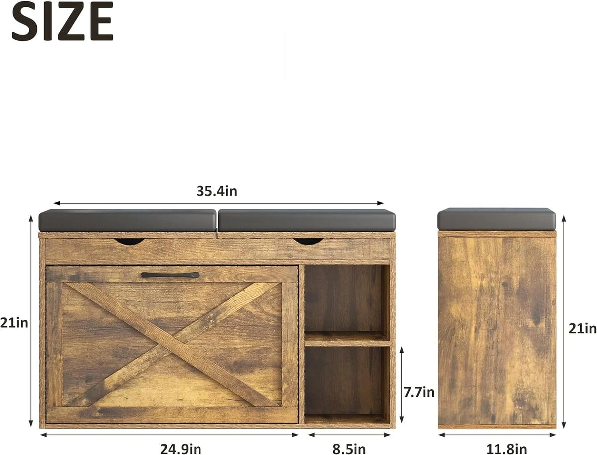 Rustic Brown Shoe Storage Bench with Flip Drawer N13474