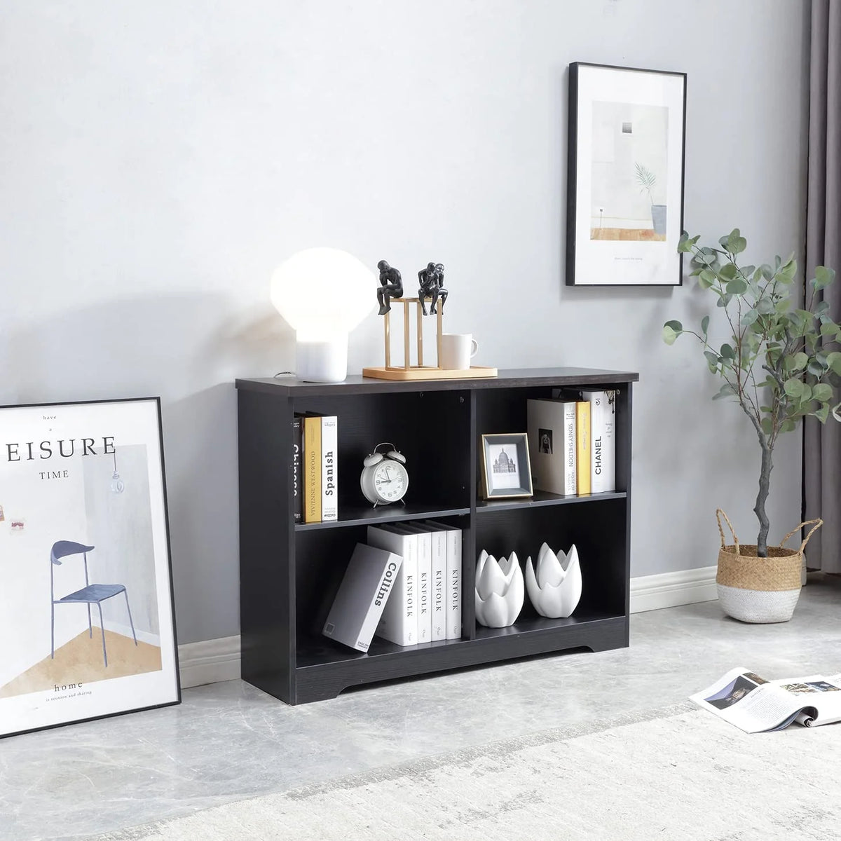 2 Tier 4 Open Shelf Wood Bookcase N7956