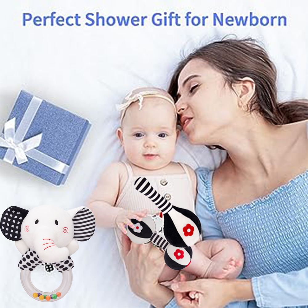 3PCS Soft Baby Rattles High Contrast Black and White Plush Rattle Toy W5504