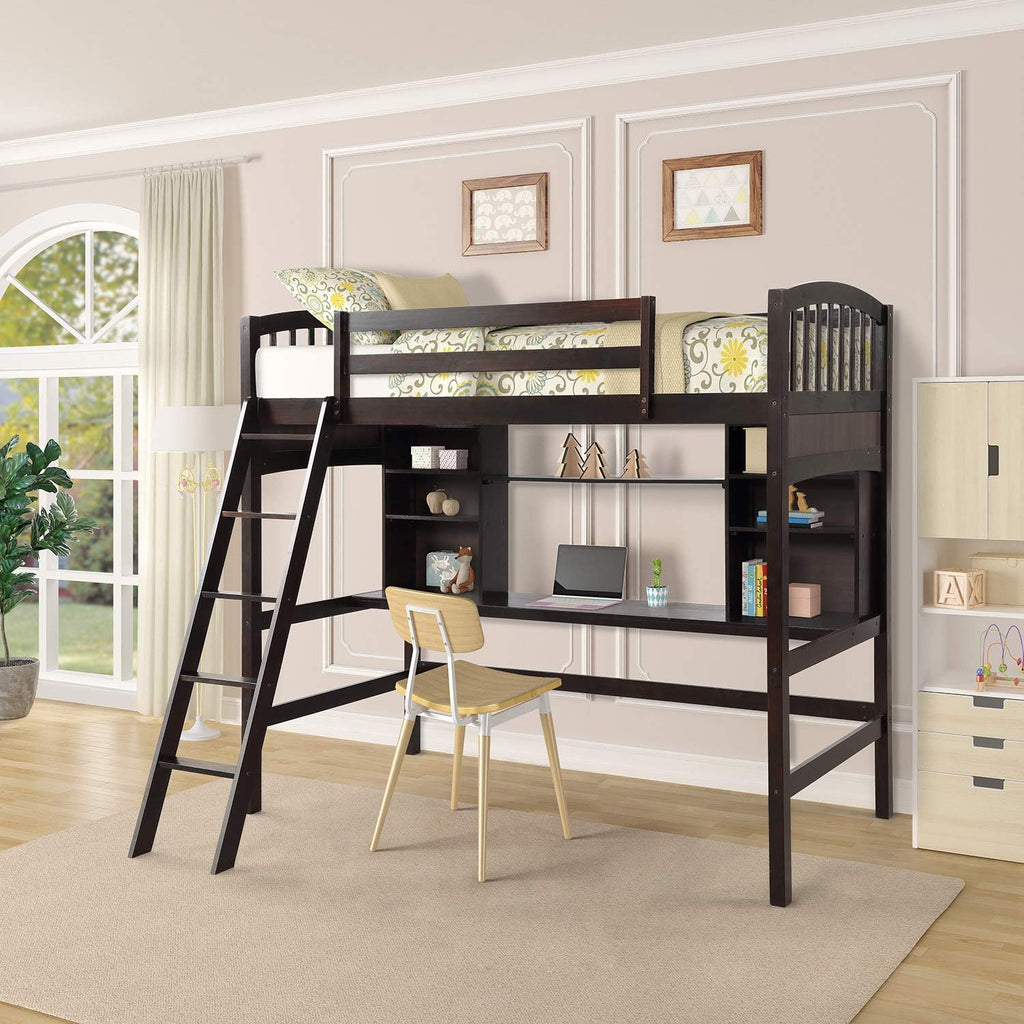 Solid Wood Twin Loft Bed with Desk and Bookshelf (Espresso) A354