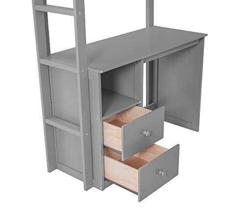 Full Size Gray Solid Wood Loft Bed with Wardrobe Desk and Shelves Q941714