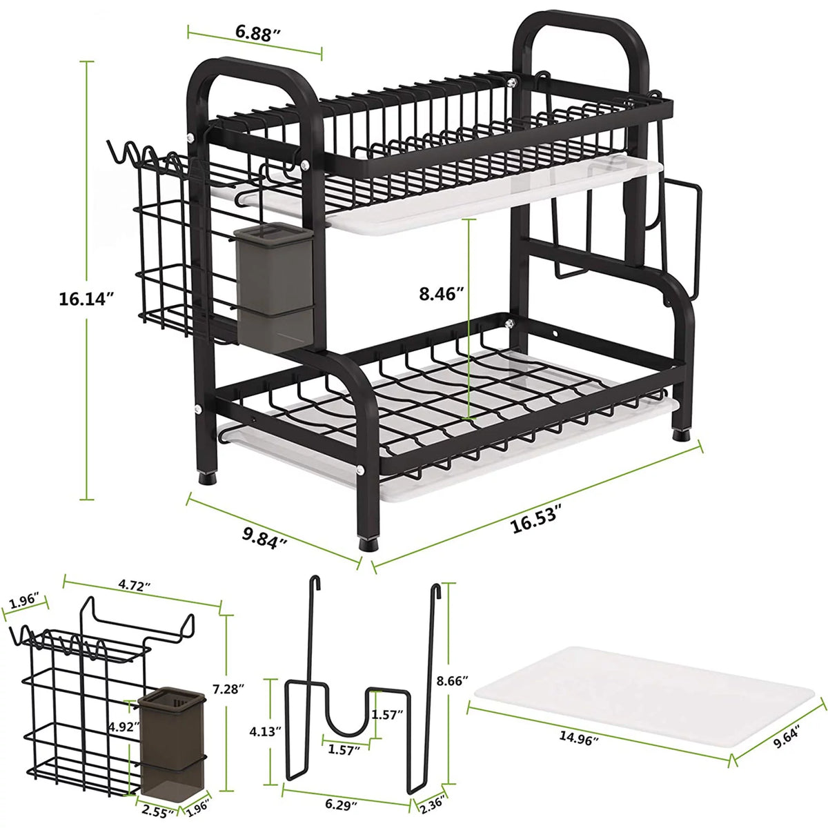 Adjustable 2-Tier Dish Drying Rack with Cutting Board Holder A39363