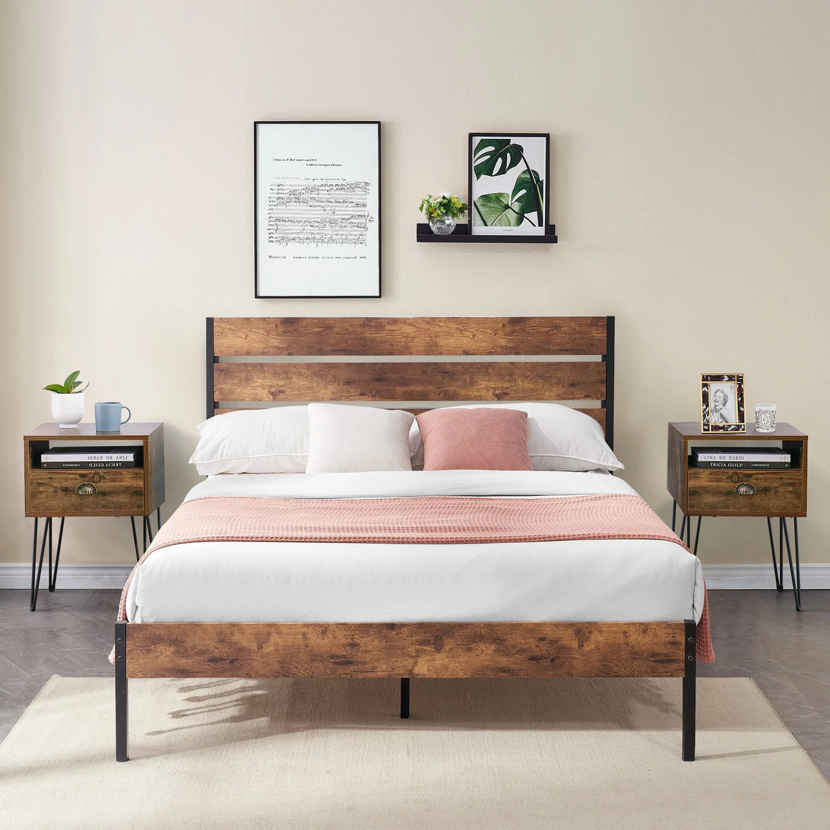 Rustic Brown Platform Bed Frame and Yellow Nightstands Set of 2 Y877400