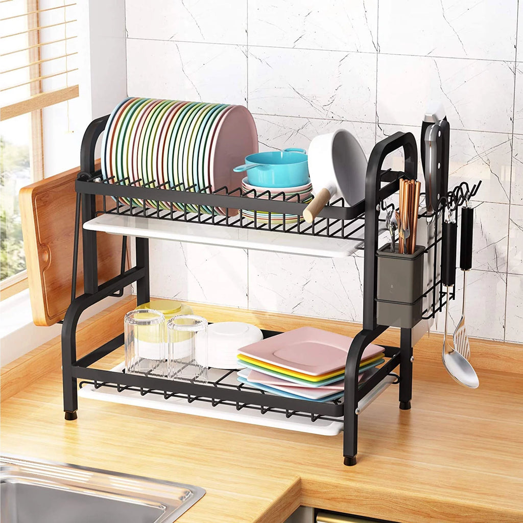 Adjustable 2-Tier Dish Drying Rack with Cutting Board Holder A39363