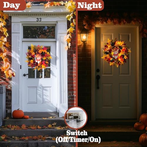 24" Fall Wreath with Pumpkins, Maple Leaves & Timer LED Lights O472