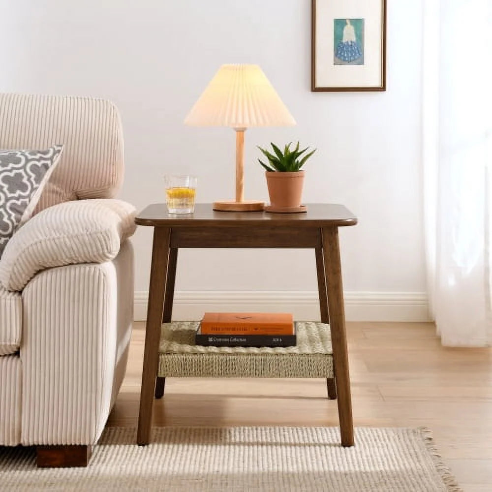 23" Mid-Century Side Table with Woven Shelf X466