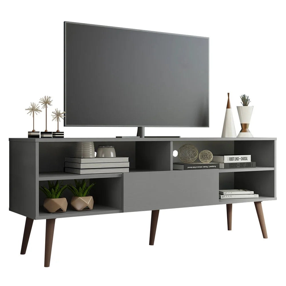 Modern Black Wood TV Stand with 1 Door and 4 Shelves R6862