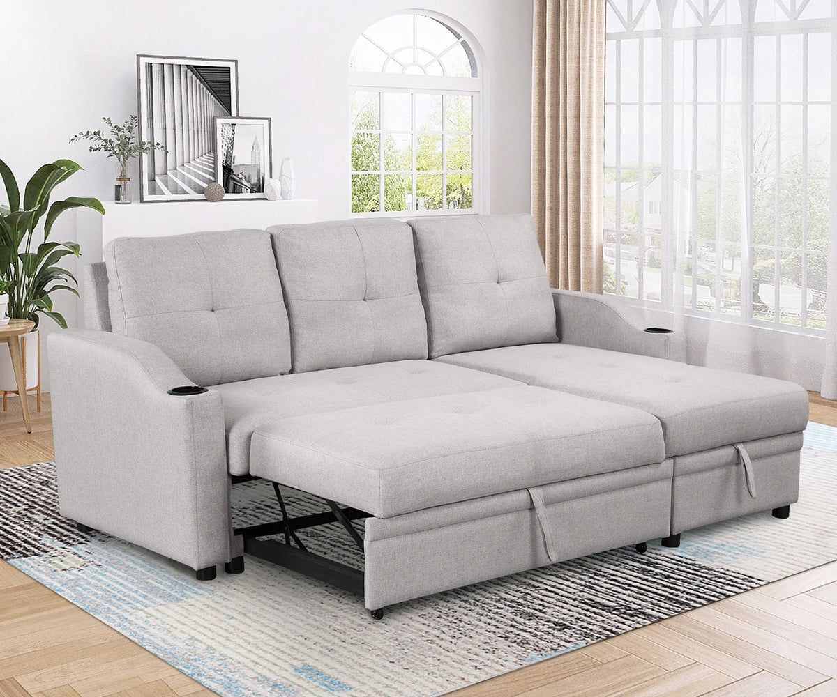Pull Out Sleeper Sectional Sofa with Storage Chaise Gray E620