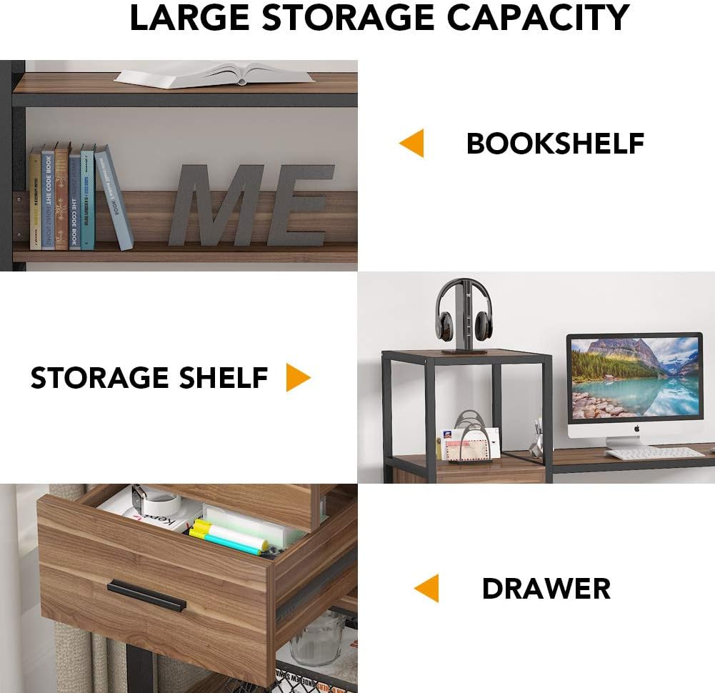 Rustic Walnut 55 Inches Computer Desk with 4 Storage Shelves and 2 Drawers A691