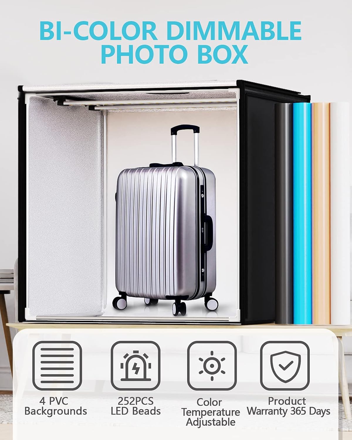 Bi-Color 2600K-8500K Dimmable Photo Light Box with 4 Color Backdrops V1995