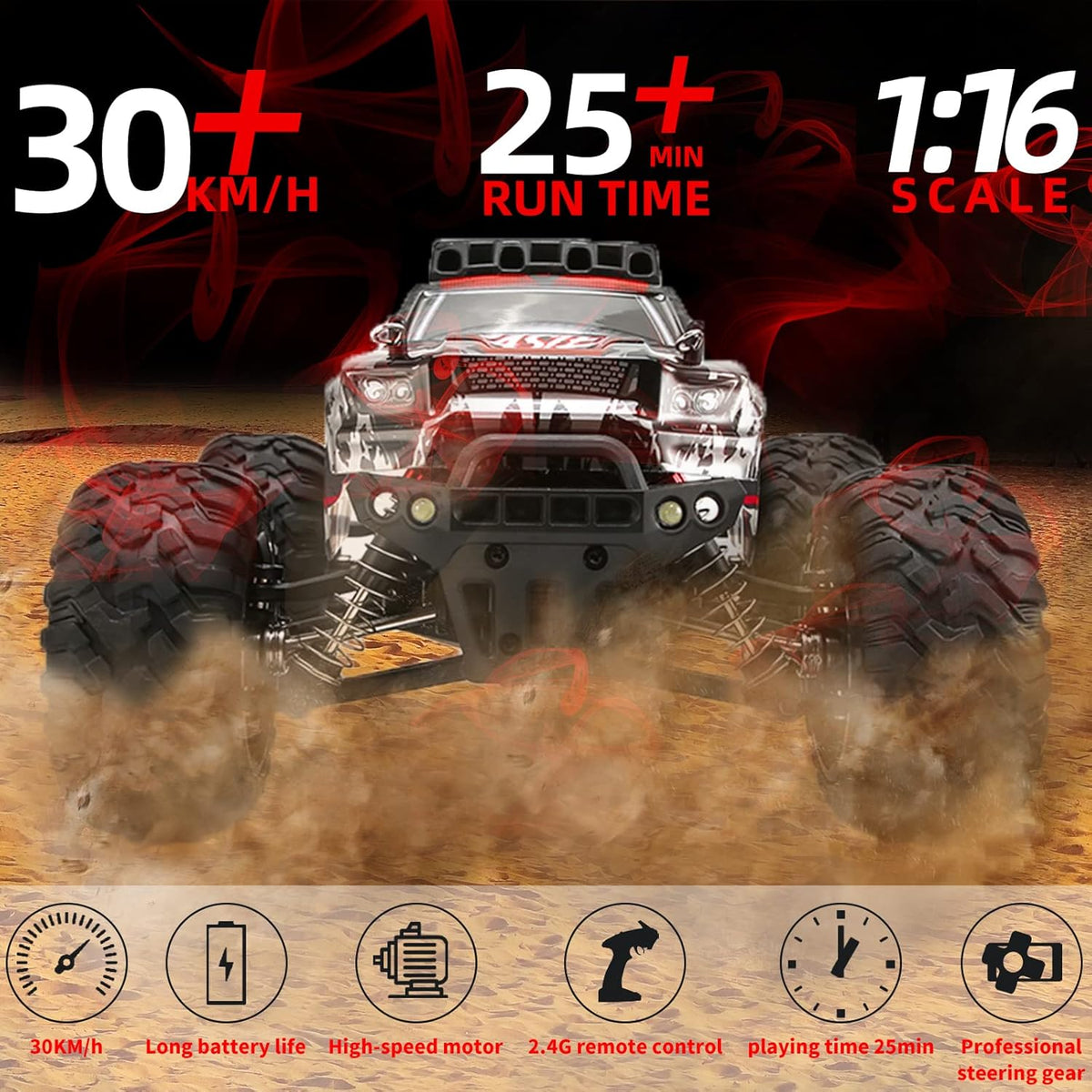 1:16 Scale 4WD High Speed RC Truck 30+ KMH Electric Toy Car (Red) C395