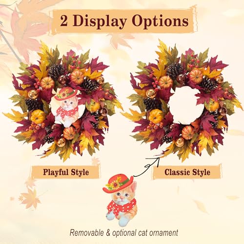 24" Fall Wreath with Pumpkins, Maple Leaves & Timer LED Lights O472