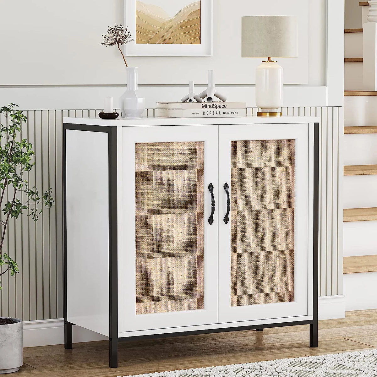 Rattan Storage Cabinet with Doors and Shelves Q867