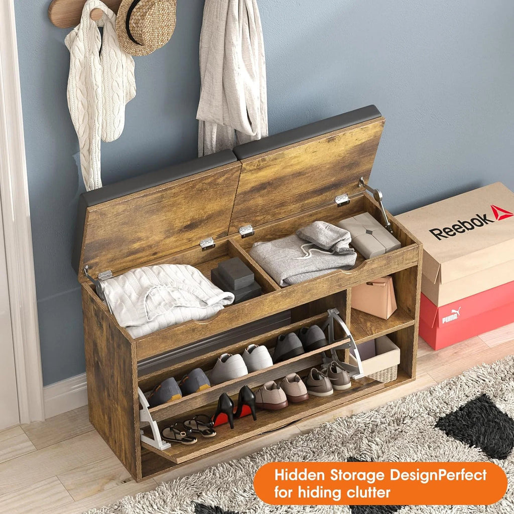 Rustic Brown Shoe Storage Bench with Flip Drawer N13474