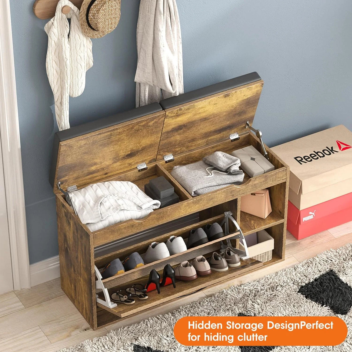 Rustic Brown Shoe Storage Bench with Flip Drawer N13474