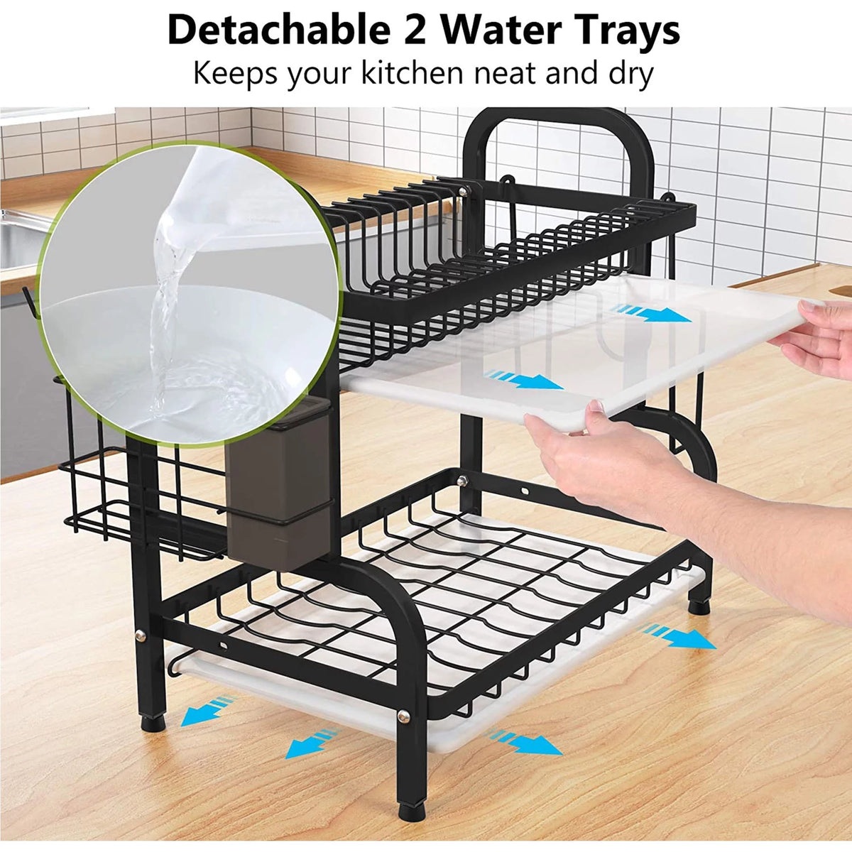 Adjustable 2-Tier Dish Drying Rack with Cutting Board Holder A39363