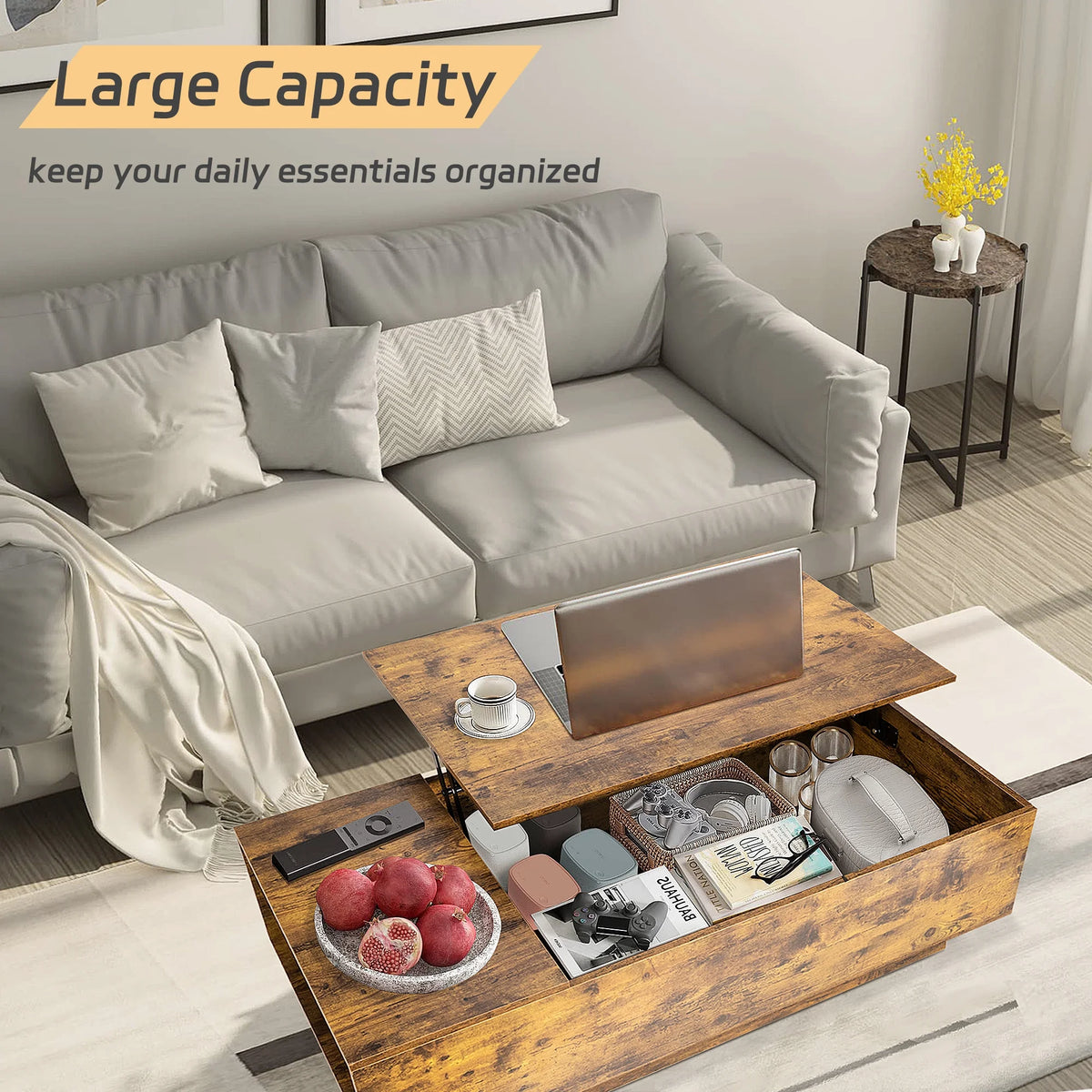 47" Dark Brown Wood Lift Top Coffee Table with Hidden Compartment G632749