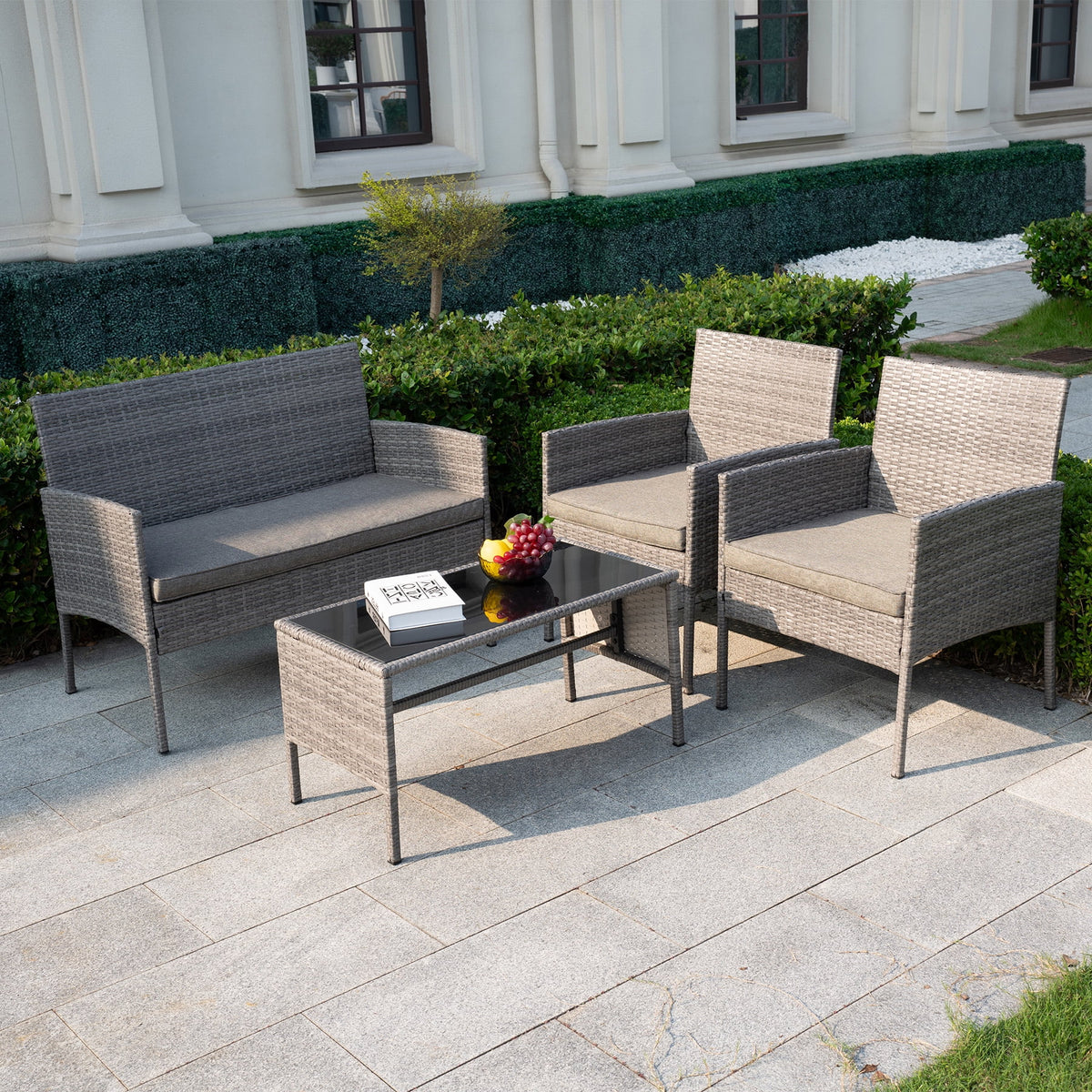 4 Piece Wicker Patio Conversation Furniture Set with Glass-Top Coffee Table & Gray Cushions H7828