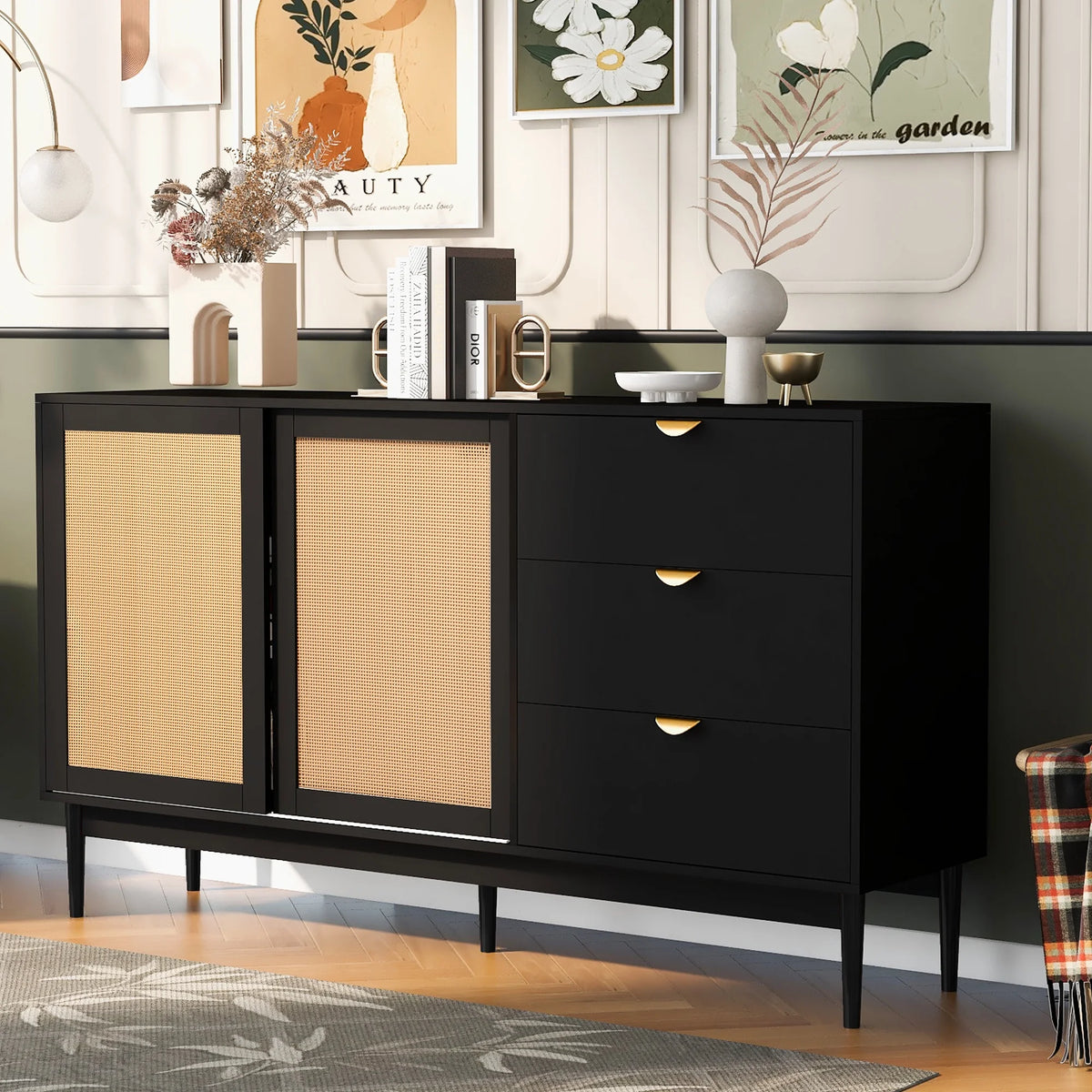 Black 60" Wood Sideboard Buffet Cabinet with 3 Drawers and Adjustable Shelves E9042
