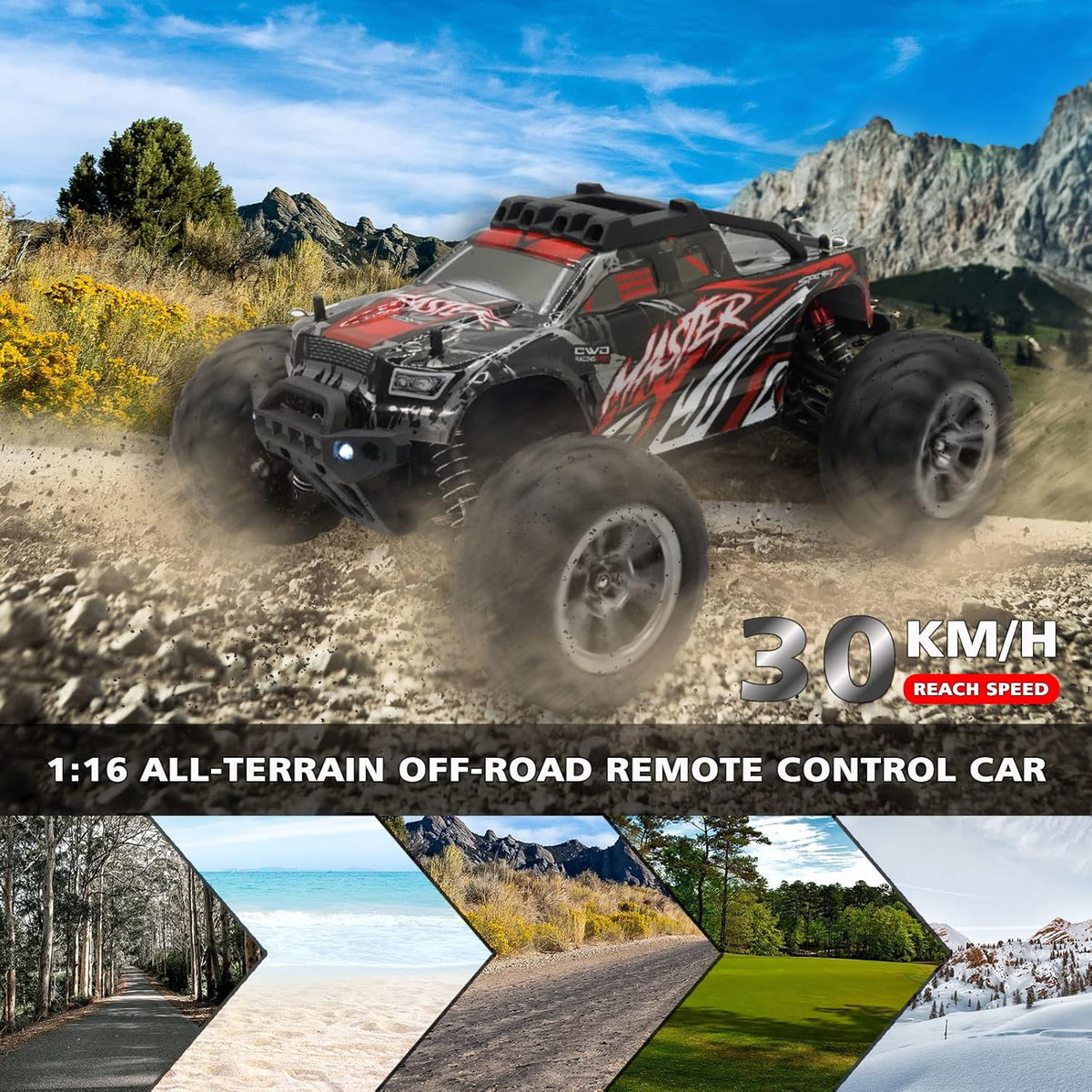 1:16 Scale 4WD High Speed RC Truck 30+ KMH Electric Toy Car (Red) C395
