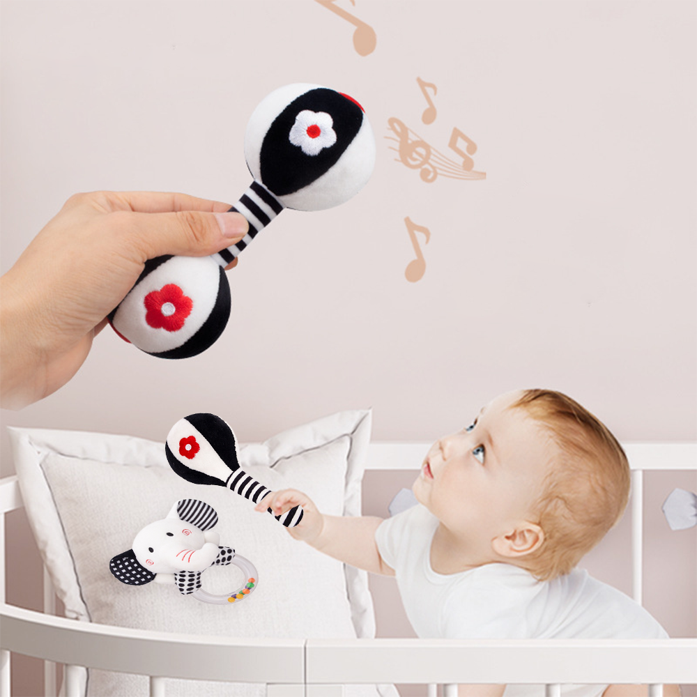 3PCS Soft Baby Rattles High Contrast Black and White Plush Rattle Toy W5504