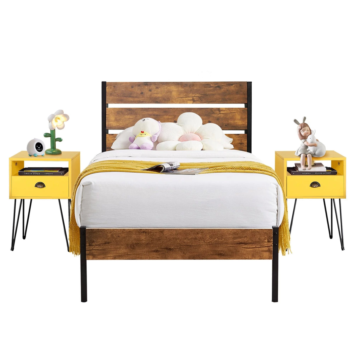 Rustic Brown Platform Bed Frame and Yellow Nightstands Set of 2 Y877400