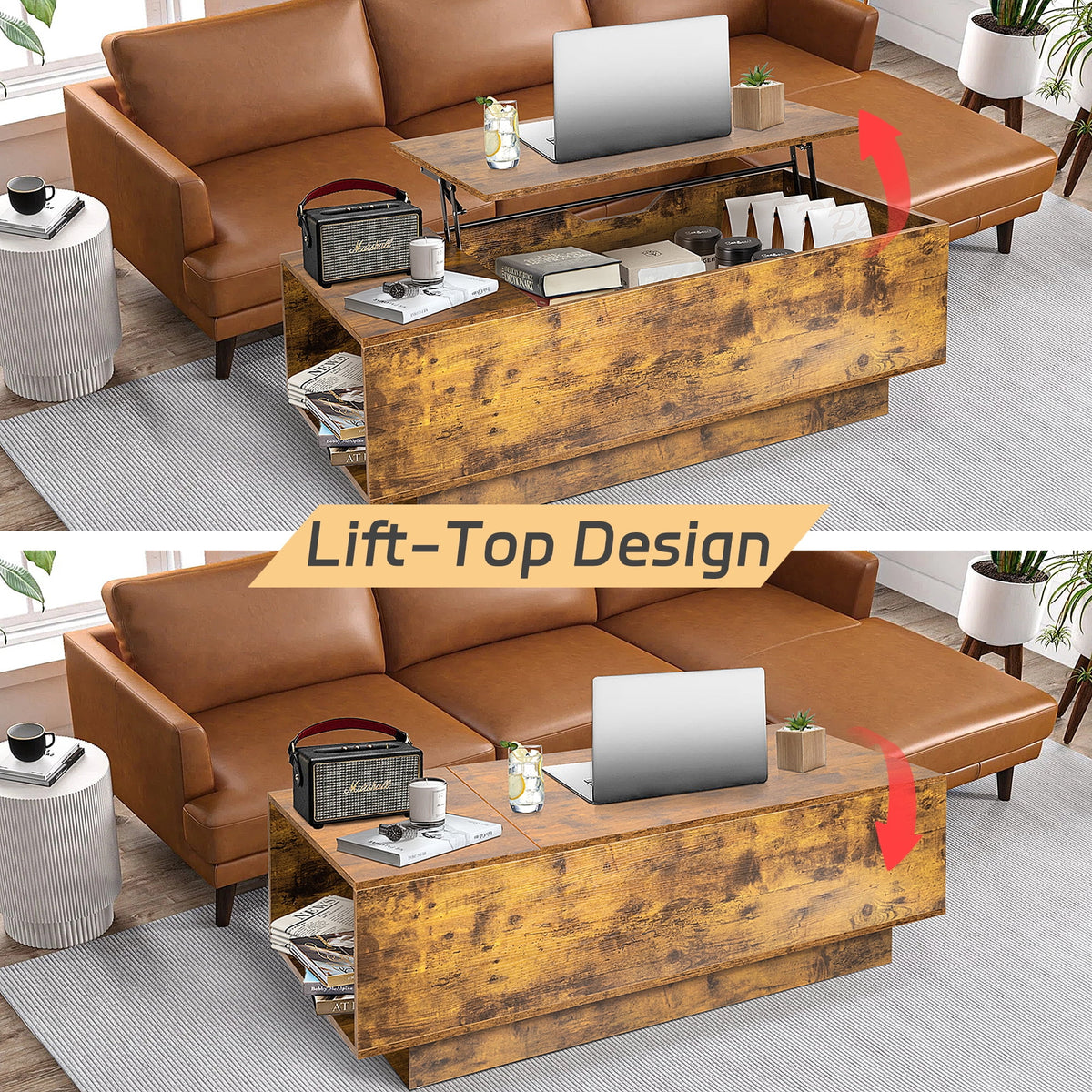 47" Dark Brown Wood Lift Top Coffee Table with Hidden Compartment G632749