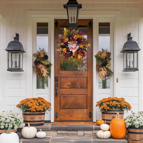 24" Fall Wreath with Pumpkins, Maple Leaves & Timer LED Lights O472