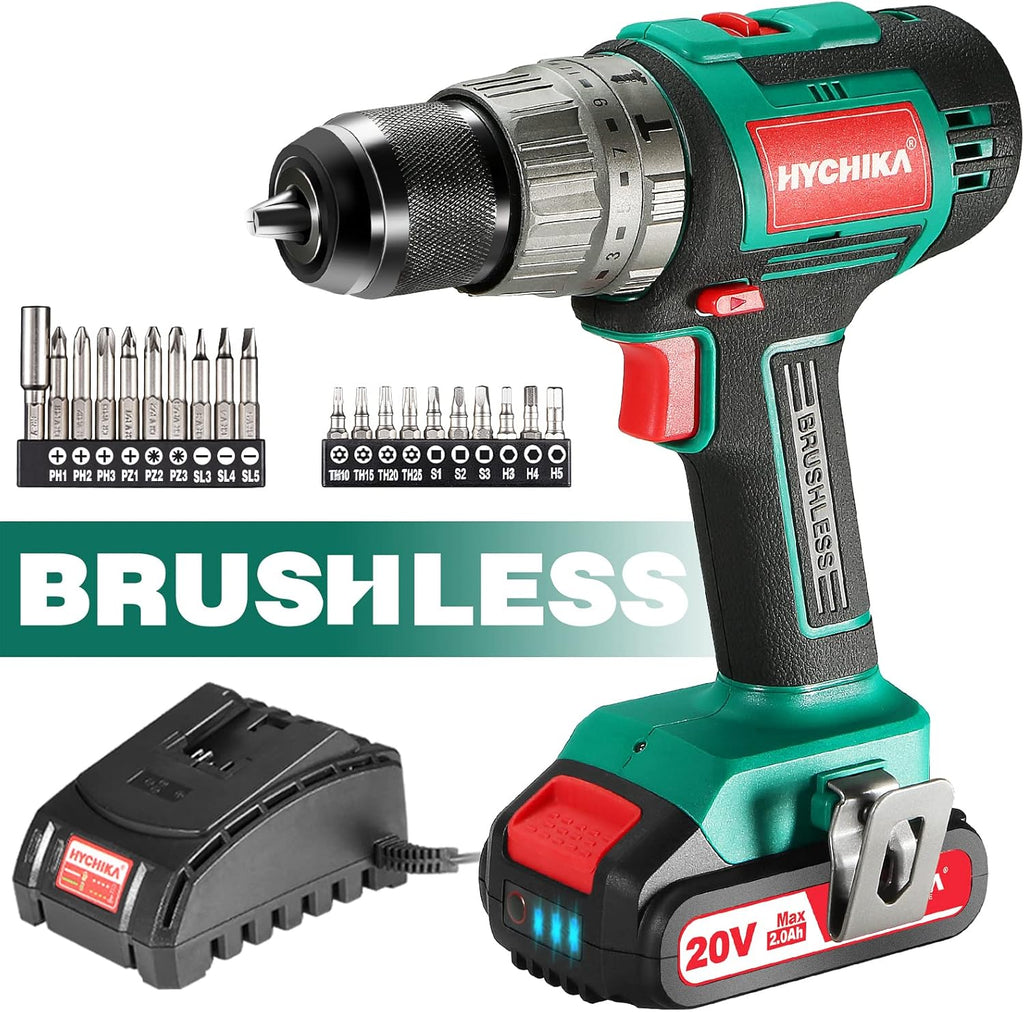 Cordless Drill 20V Max Brushless Drill, 2.0 AH Battery 1H Fast Charger, 21+3 Torque Setting 1/2" Automatic Chuck, 20pcs Drill Bit Set H28923