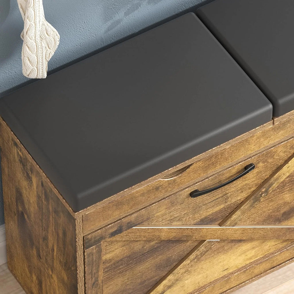 Rustic Brown Shoe Storage Bench with Flip Drawer N13474
