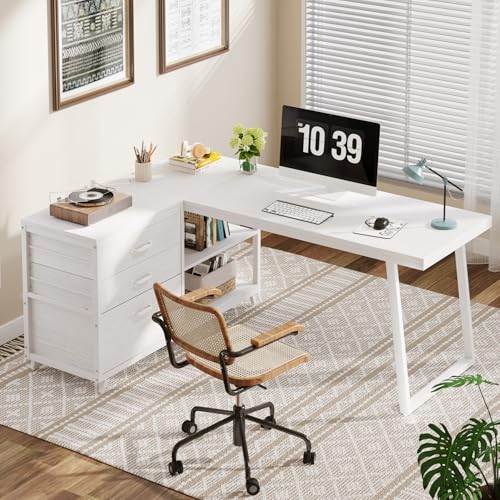 L-Shaped Desk with 3 Drawers and Shelves Y455947