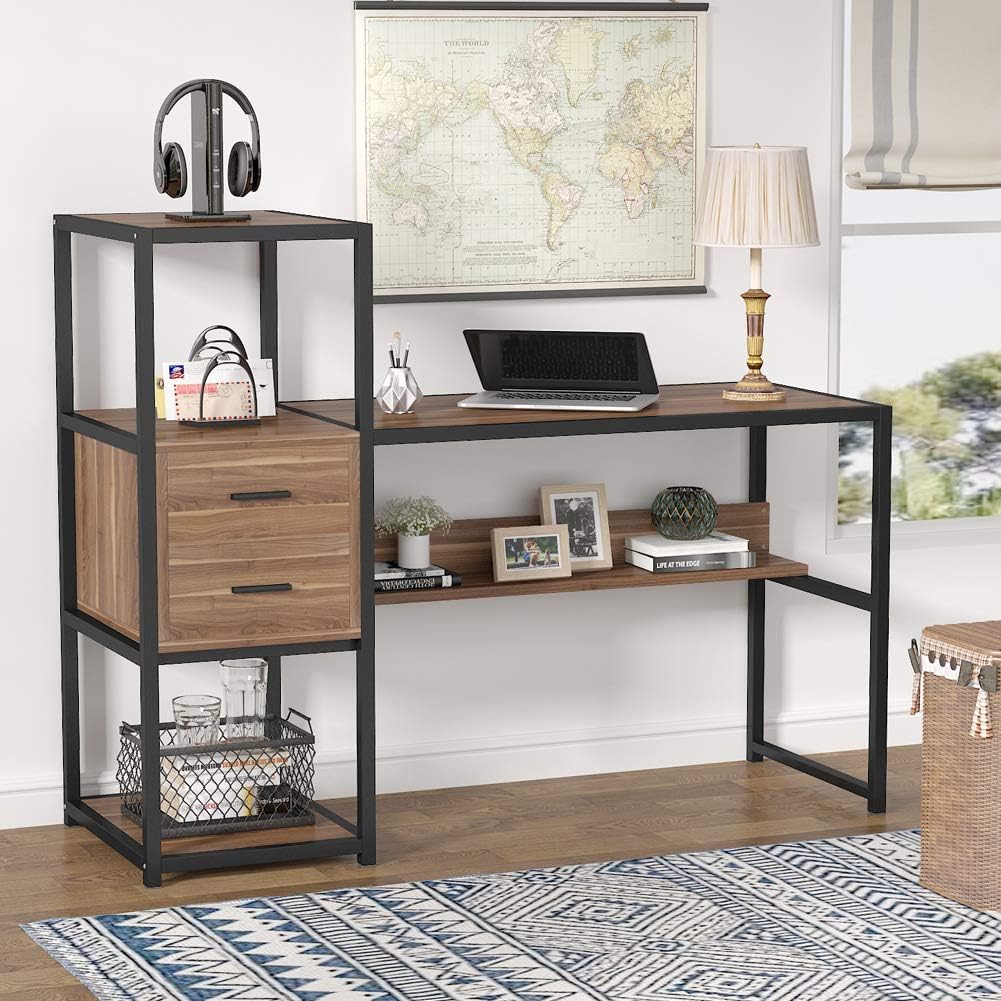 Rustic Walnut 55 Inches Computer Desk with 4 Storage Shelves and 2 Drawers A691