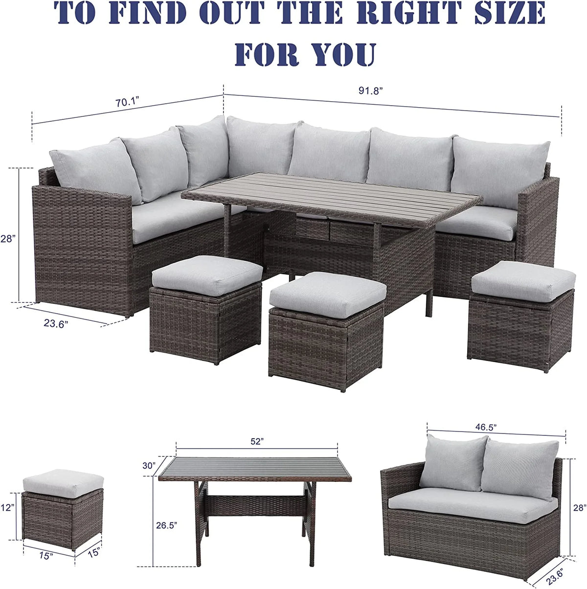 7 Piece Outdoor Dining Sectional Sofa with Dining Table and Chair Grey E713