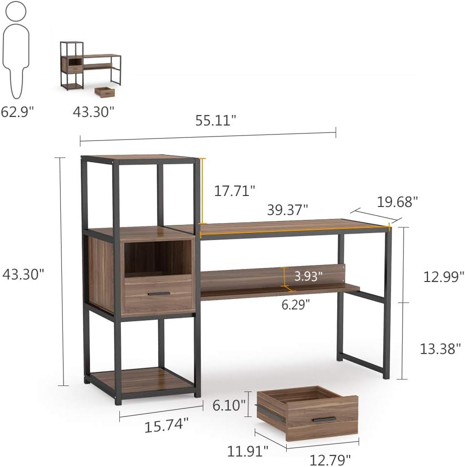 Rustic Walnut 55 Inches Computer Desk with 4 Storage Shelves and 2 Drawers A691
