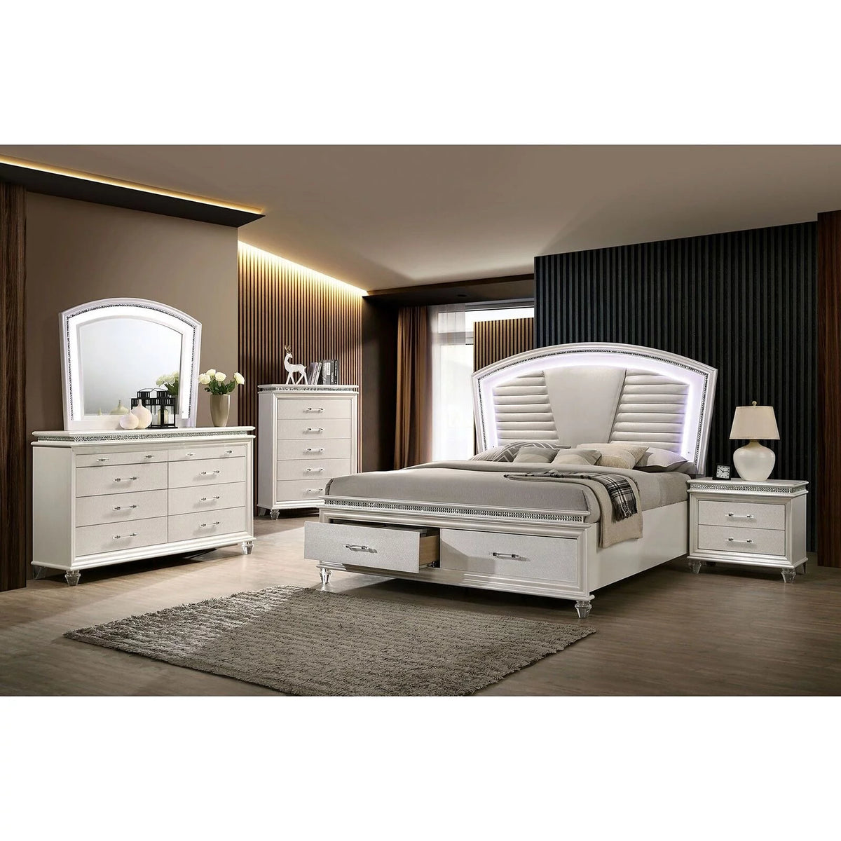 Pearl White 4pc Queen Size Bedroom Set Dresser Mirror Nightstand Y61367