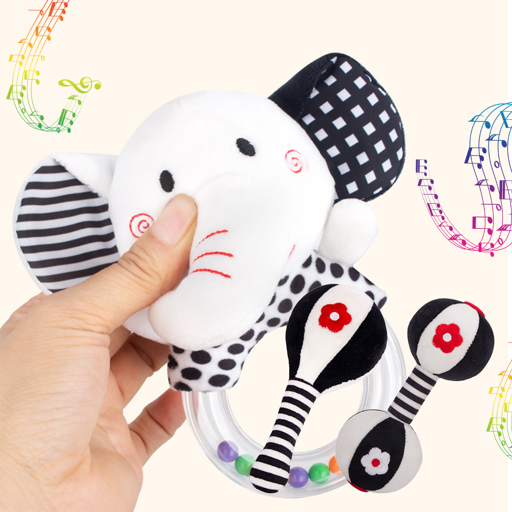 3PCS Soft Baby Rattles High Contrast Black and White Plush Rattle Toy W5504