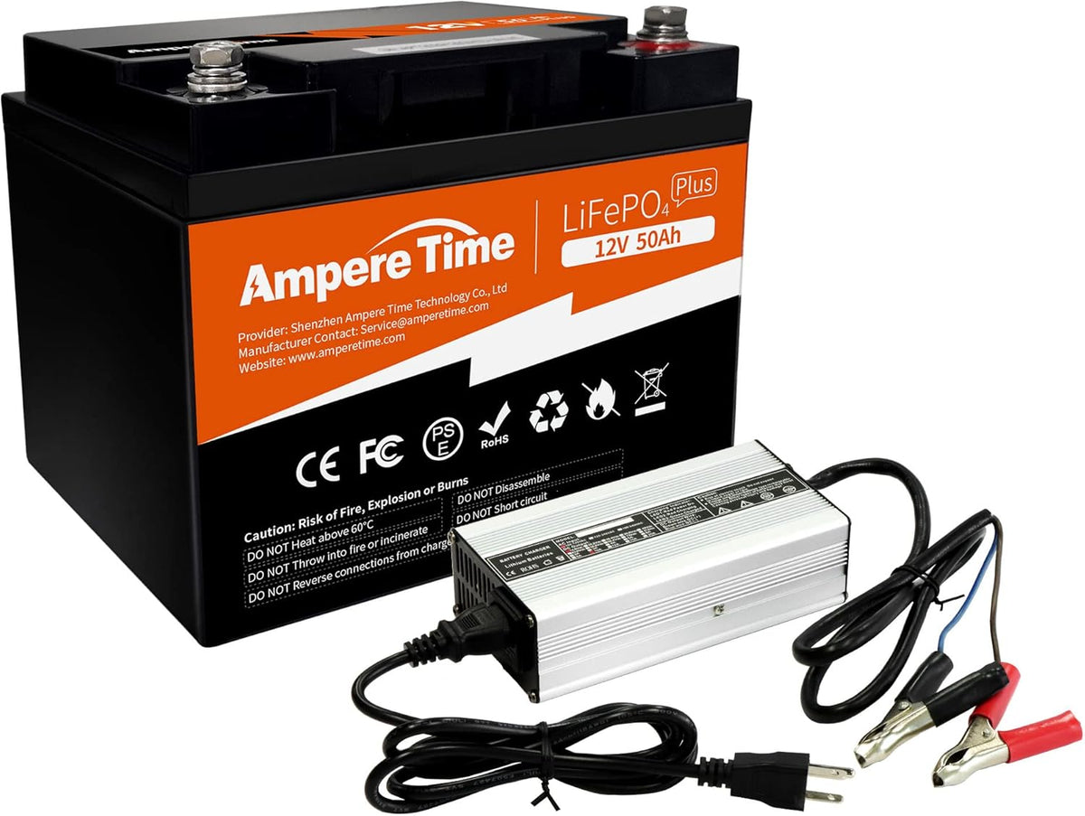12V 50Ah LiFePO4 Battery with 14.6V 10A Lithium Battery Charger, 50A BMS Y201