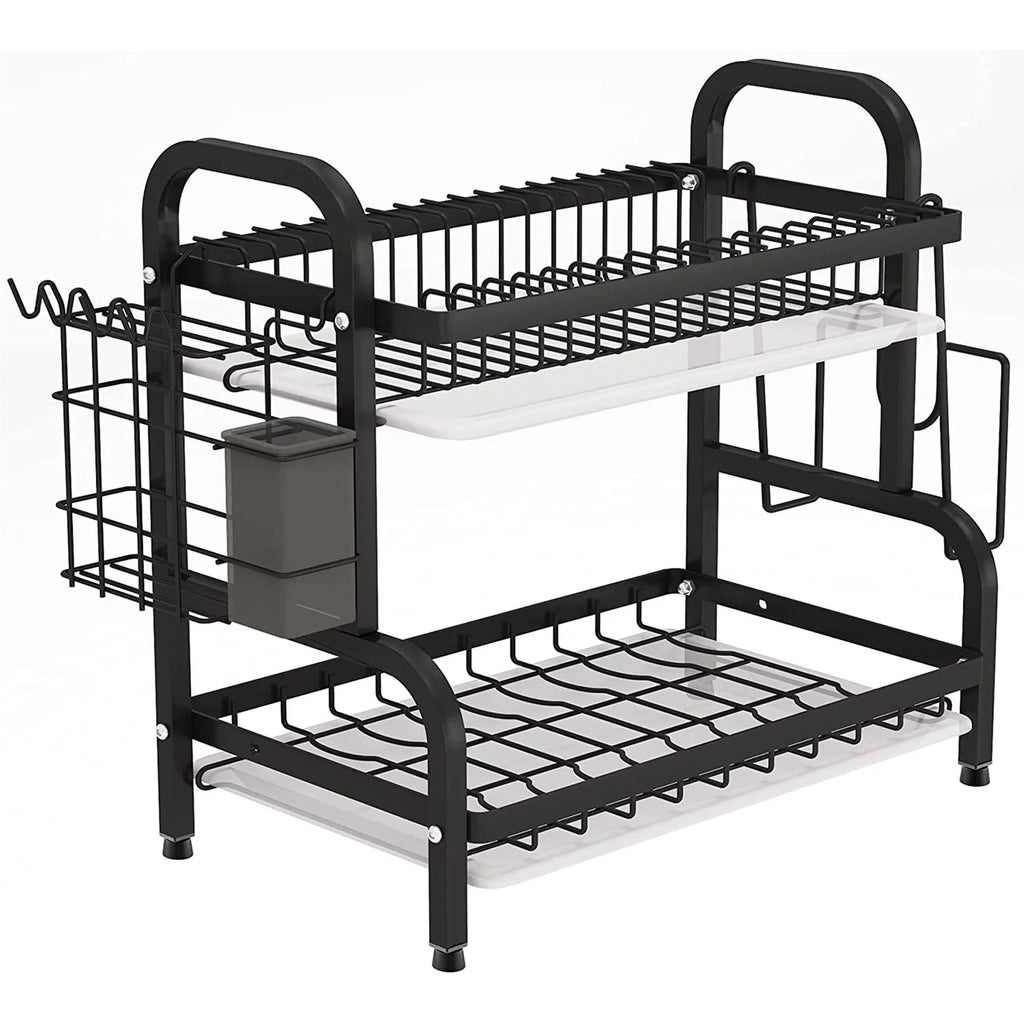 Adjustable 2-Tier Dish Drying Rack with Cutting Board Holder A39363