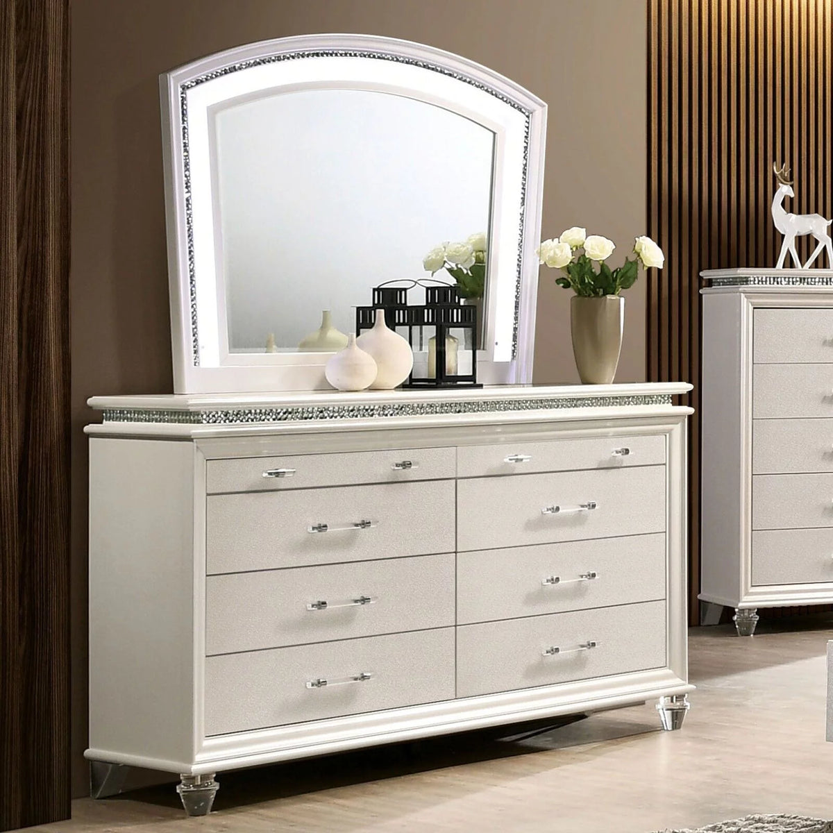 Pearl White 4pc Queen Size Bedroom Set Dresser Mirror Nightstand Y61367