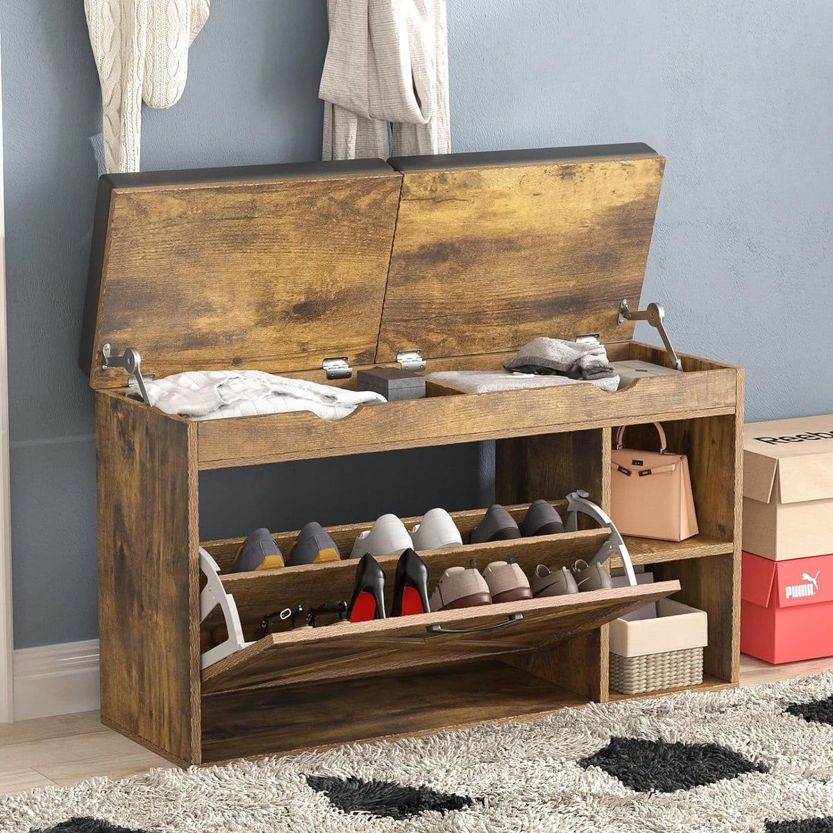 Rustic Brown Shoe Storage Bench with Flip Drawer N13474