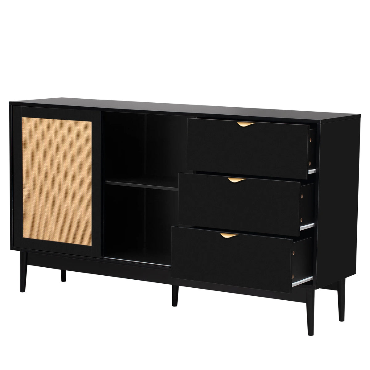Black 60" Wood Sideboard Buffet Cabinet with 3 Drawers and Adjustable Shelves E9042